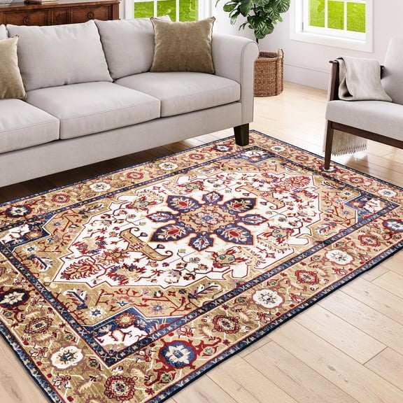 Rectangle Blue/Gold - Machine Washable - Family Room & Hearth Area - Prevents Slips