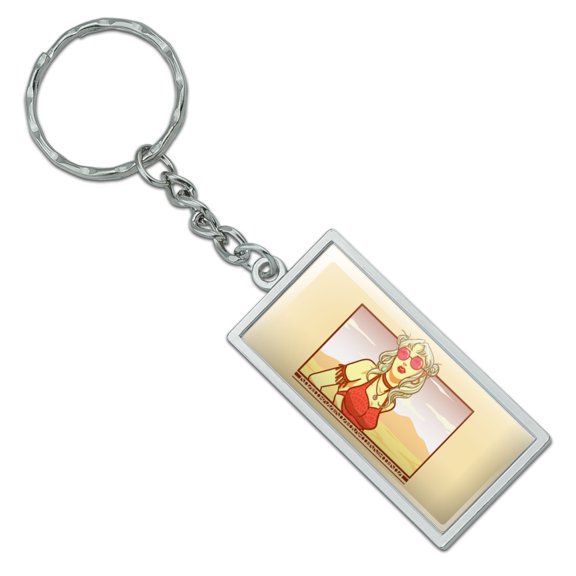Rectangle Boho Chic Bohemian Fashionable Hippie Woman In Desert Keychain in Chrome Plated Metal