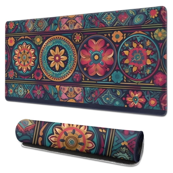 Rectangle Boho Style Mandala Mouse Mat, Gothic Cool Mousepad with Design, Large Non-Slip Rubber Gaming Mouse Pad with Stitched Edges, Office Mouse Pad for Women Men Kids, 31.5x15.7in