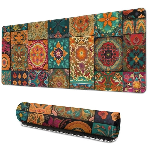 Rectangle Boho Style Mandala Mouse Mat, Gothic Cool Mousepad with Design, Large Non-Slip Rubber Gaming Mouse Pad with Stitched Edges, Office Mouse Pad for Women Men Kids, 31.5x11.8in