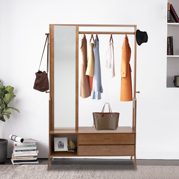 Rectangle Brown Bamboo Garment Rack Freestanding Closet Organizer Open Wardrobe for Entryway