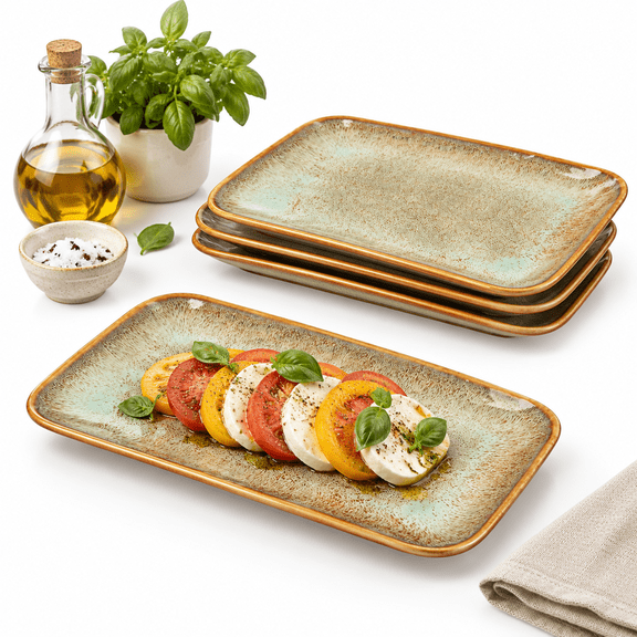 Rectangle Brown Reactive glaze 12.4 Inch Ceramic Dinner Plates, Set of 4