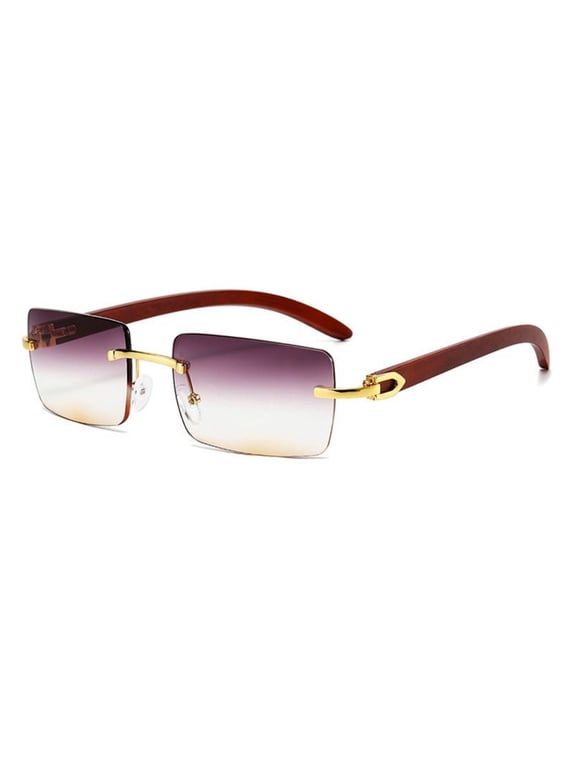 Rectangle Burgundy Gradient Tint Rimless Men Women Gold Frame Woodgrain Square Shades 90s Retro Sunglasses