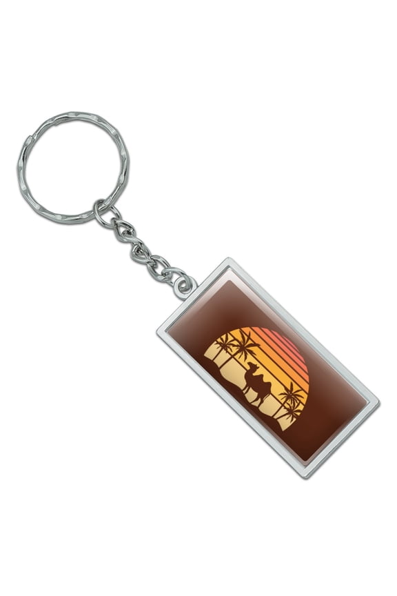 Rectangle Camel In the Desert Sunset With Palm Trees Keychain in Chrome Plated Metal