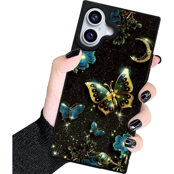 Rectangle Case for iPhone 16 Pro Max, Gold Butterfly Flower Cases for Boys Girl Fans [Anti-Scratch] Non-Slip+Shockproof Rugged TPU Protective Phone Case