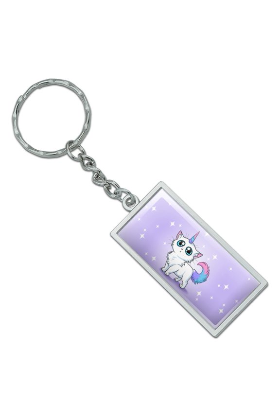 Rectangle Cat Unicorn Keychain in Chrome Plated Metal