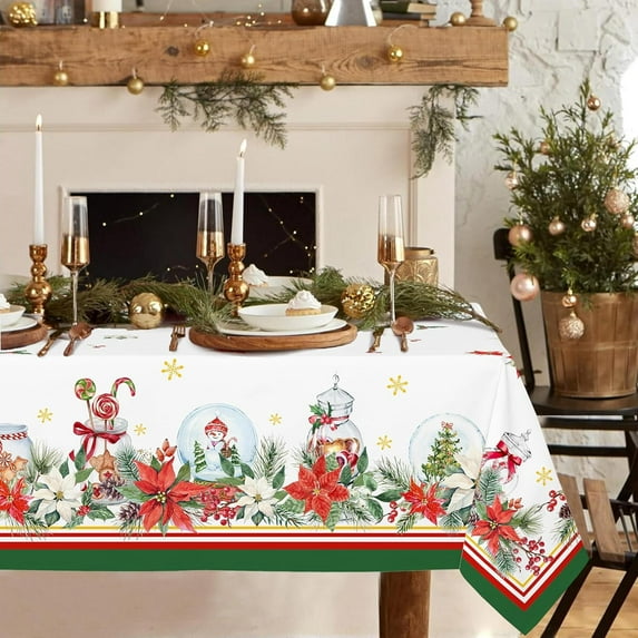 Rectangle Christmas Tablecloth 60 x 120In,Poinsettia Snowflake Holiday Decoration Tablecloth,Polyester Waterproof Wrinkle-Resistant Durable Christmas Tablecloth for Kitchen,Winter and Home Decor
