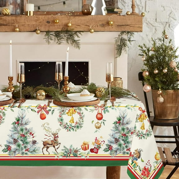 Rectangle Christmas Tablecloth 60 x 84in,Christmas Tree Elk Holiday Decoration Table Cloth,Polyester Waterproof and Wrinkle-resistant Durable Christmas Tablecloth for Kitchen,Winter and Home Decor