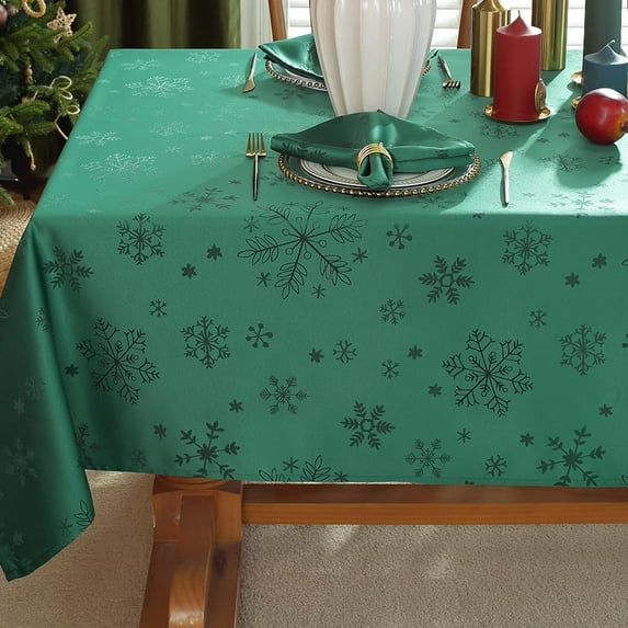Rectangle Christmas Tablecloth 60x102 Inch,Spillproof Wrinkle Free Green Snowflake Jacquard Fabric Table Cloth for Xmas Winter Holiday New Year