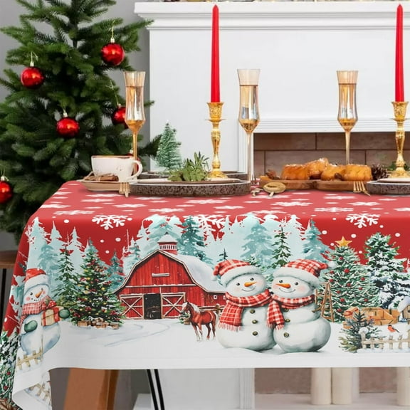 Rectangle Christmas Tablecloth 60x84 Inch, Farmhouse Red Snowman Snowflake Christmas Table Cloth, Polyester Waterproof Wrinkle Resistant Xmas Table Cover for Holidays Kitchen Dinning Table Home Decor