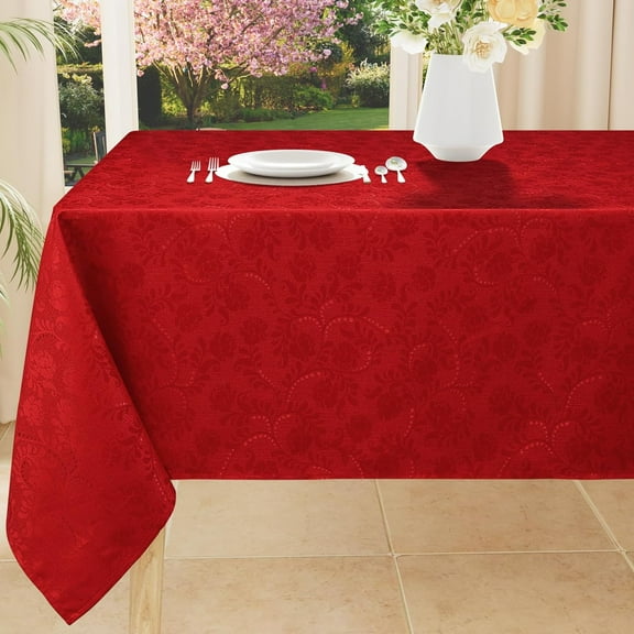 Rectangle Christmas Tablecloth 60x84 Inch, Waterproof Damask Jacquard Table Cloth, Washable Fabric Table Covers for Dining, Parties, and Banquet Decor, Red/Burgundy