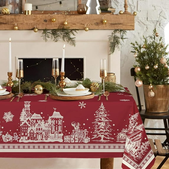 Rectangle Christmas Tablecloth 60x84In,Christmas Tree Elk Santa Snowflake Red Christmas Tablecloth,Polyester Waterproof Wrinkle Resistant Durable Table cloth for Holiday,Kitchen,Winter and Home Decor