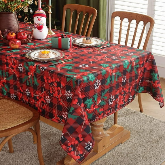 Rectangle Christmas Tablecloth - Holly and Snowflake Buffalo Plaid Resistant Tablecloths Spillproof Table Cloth Washable Farmhouse Table Cover for Indoor Outdoor Decorations (60\u201d x 102\u201d)