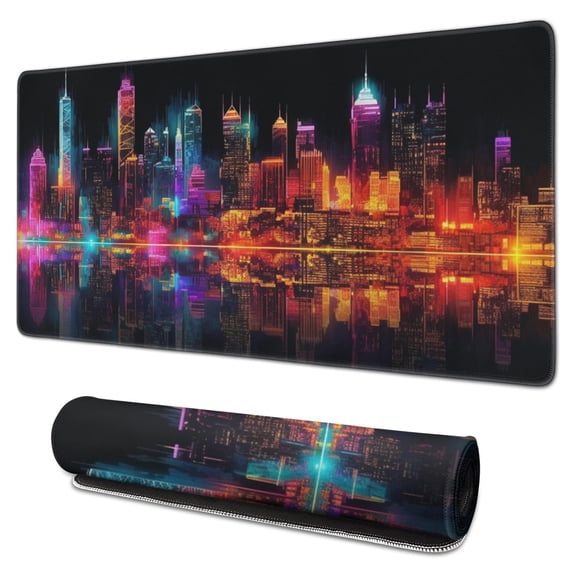 Rectangle City Computer Mouse Mat Downtown in Urban View At Night High Rise Buildings Modern Mouse Pad Non-Slip Rubber Mousepad Large, Office Mouse Pad for Women Men Kids,31.5x15.7in