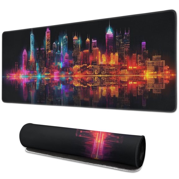 Rectangle City Computer Mouse Mat Downtown in Urban View At Night High Rise Buildings Modern Mouse Pad Non-Slip Rubber Mousepad Large, Office Mouse Pad for Women Men Kids,31.5x11.8in