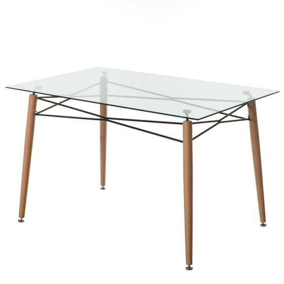Rectangle Clear Glass Top Accent Dining Table with 4 Beech Metal Frame Solid Wood Legs  Modern Space Saving Small