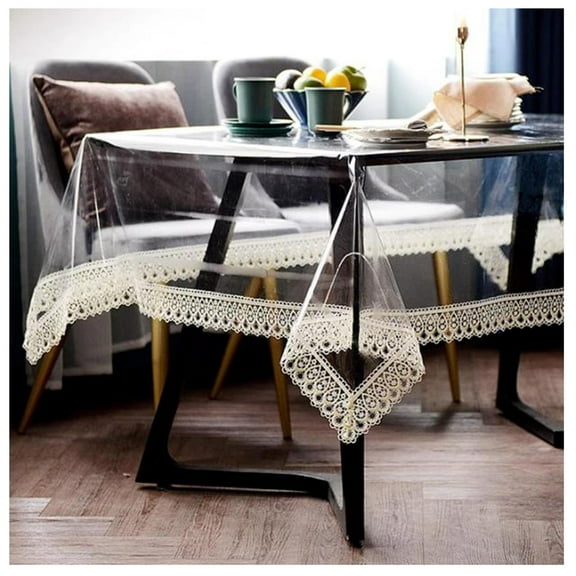 Rectangle Clear Table Cloth,Plastic Table Cover Waterproof Oil-Proof Tablecloth Dining Table Cover White Lace Tablecloth for Dining Tables Kitchen Picnic, Camping