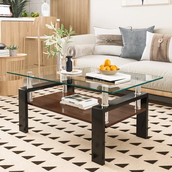 Rectangle Coffee Table, 220lbs Load, Tempered Glass Top