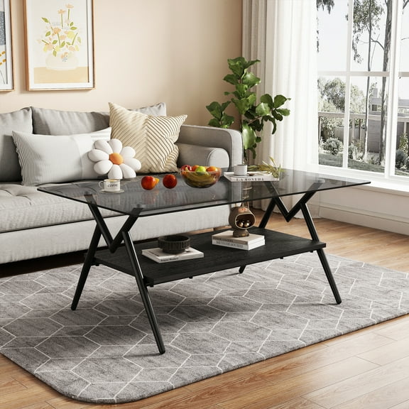 Rectangle Coffee Table 38.6"W x 22.8"D x 17.3"H, Modern Gray Tempered Glass Top with Black MDF Shelf & Metal Legs, Durable Living Room Accent Furniture, Easy Assembly