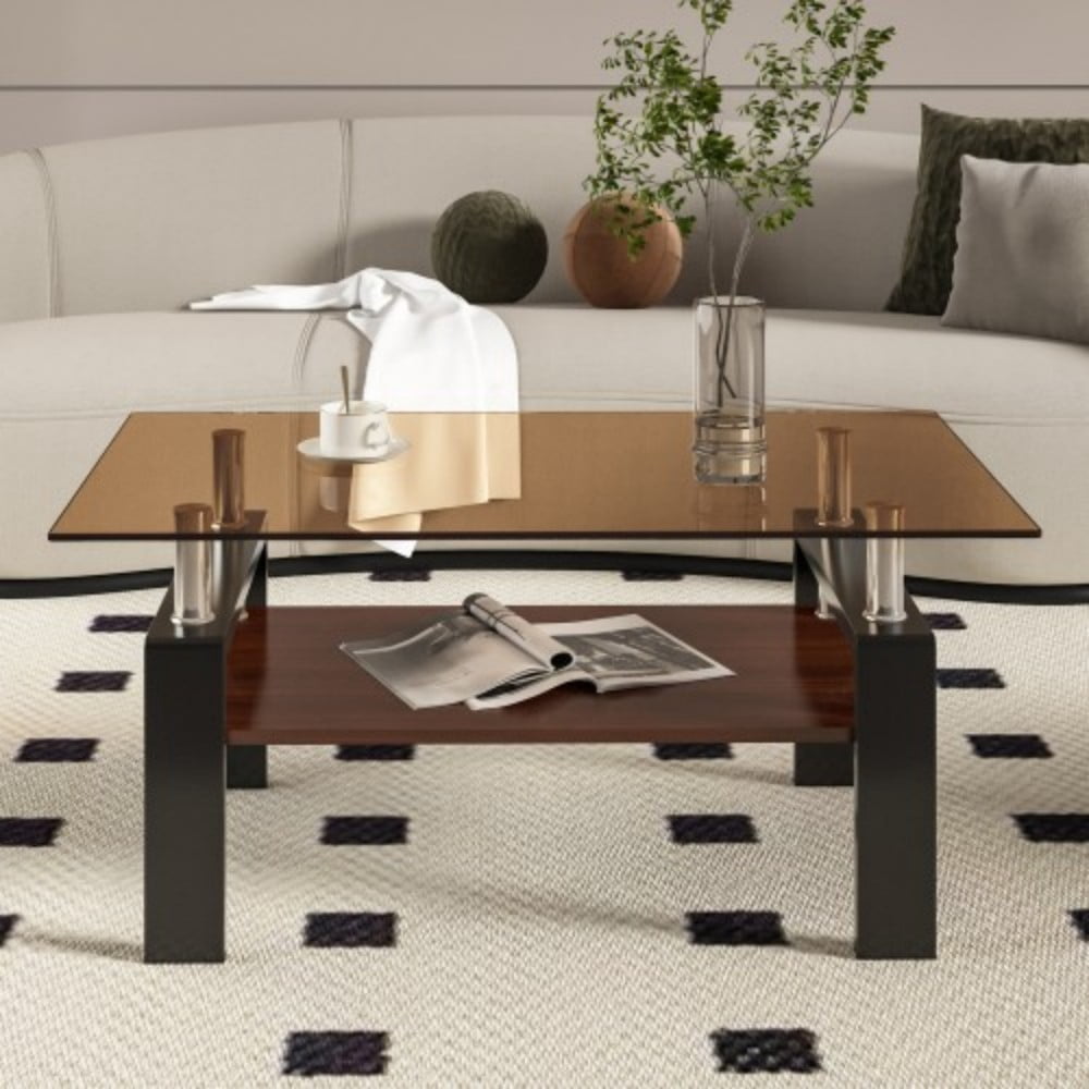 Rectangle Coffee Table, 39.2" Brown Tempered Glass Tabletop with Black MDF Storage Shelf and Iron Legs, Modern Clear Glass Center Table for Living Room, 220 lbs