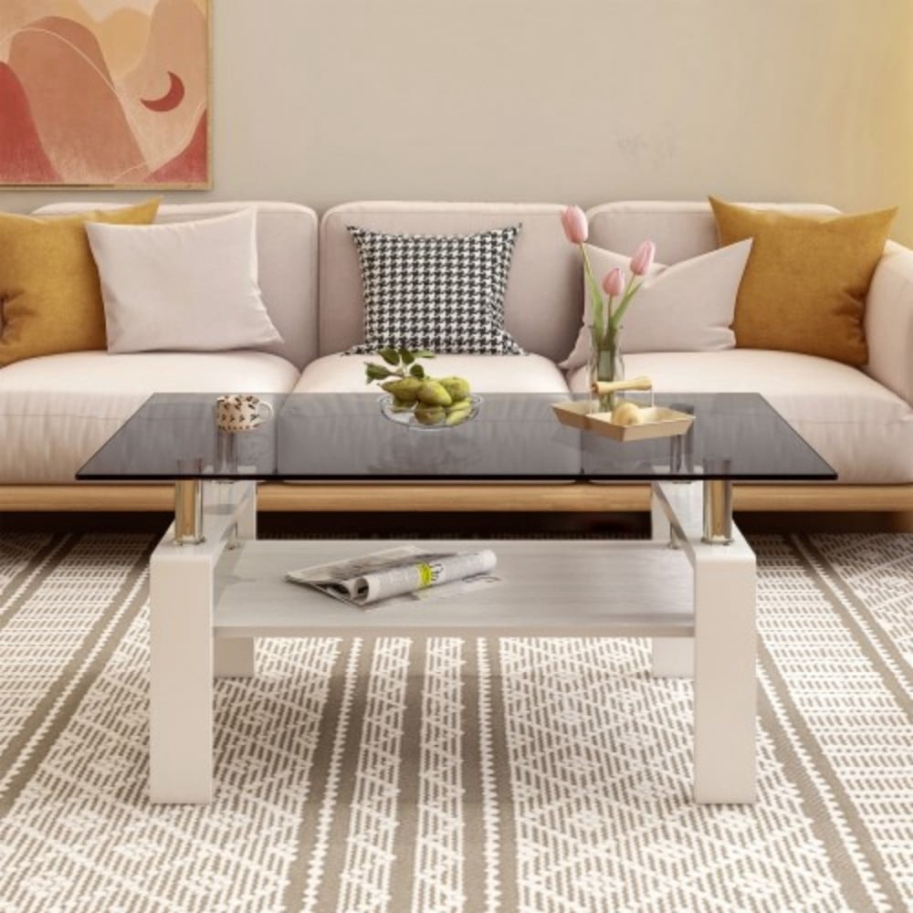 Rectangle Coffee Table, 39.2" Gray Tempered Glass Tabletop with White MDF Storage Shelf and Iron Legs, Modern Clear Glass Center Table for Living Room, 220 lbs