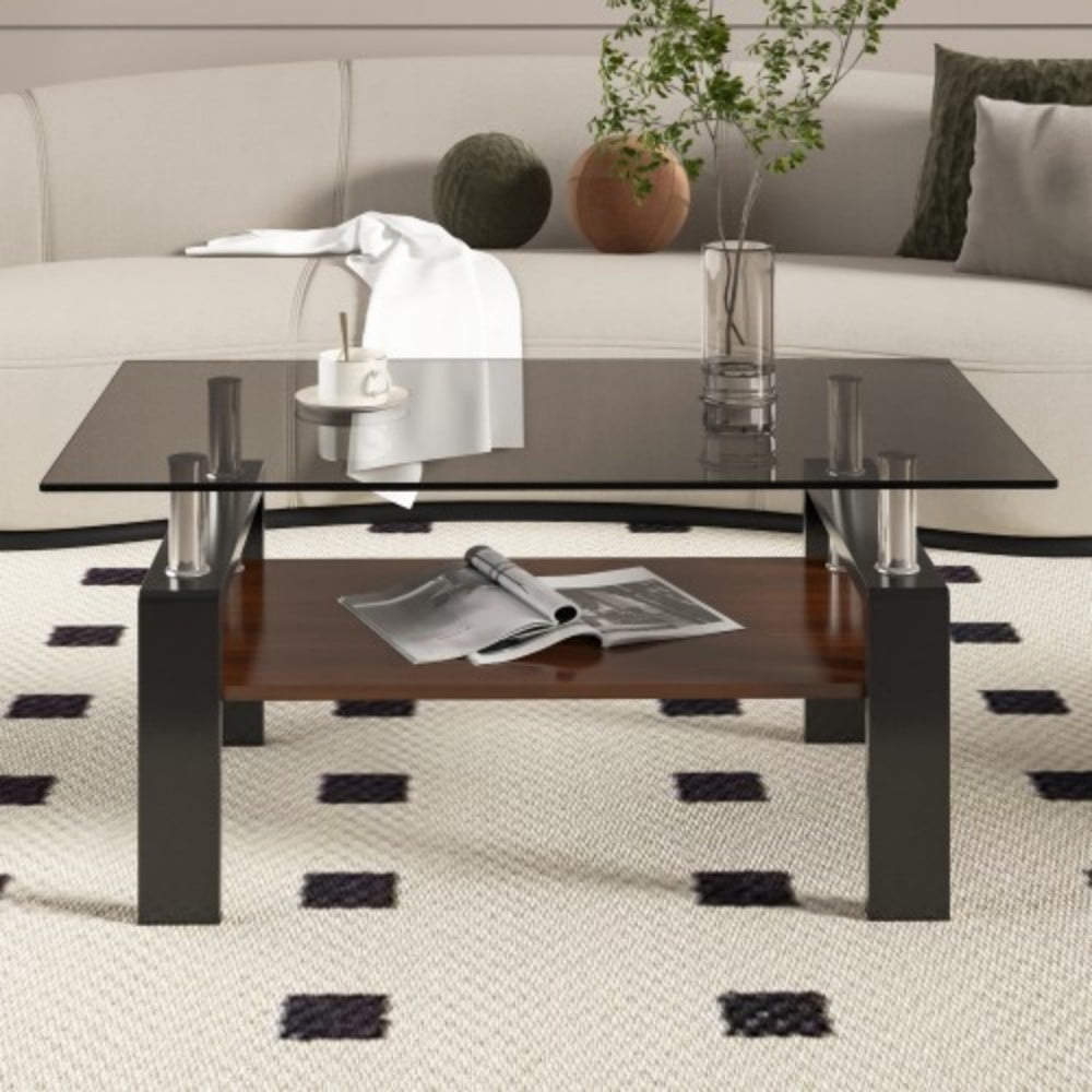 Rectangle Coffee Table, 39.2" Tempered Glass Tabletop with Grey MDF Storage Shelf and Iron Legs, Modern Clear Glass Center Table for Living Room, 220 lbs