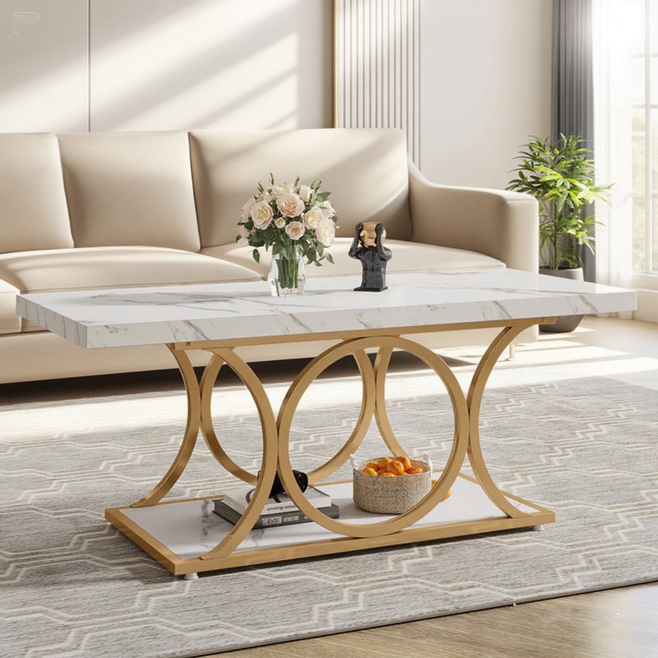 Rectangle Coffee Table 47.24", Modern 2-Tier Center Table with Faux Marble Top & Gold Metal Legs, Sturdy Living Room Coffee Table