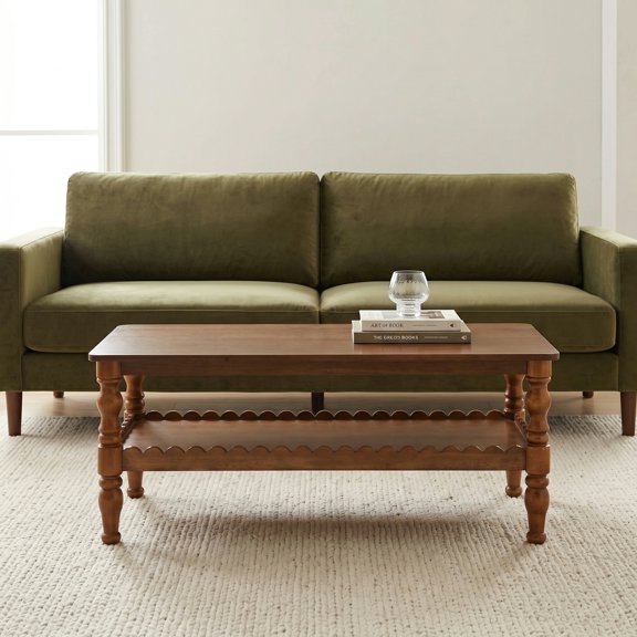 Rectangle Coffee Table Solid Wood Coffee Table with Storage Shelf,Farmhouse 2-Tier Center Table Lacquered Classical Legs,Easy Assembly Apartment Center Sofa Table for Living Room
