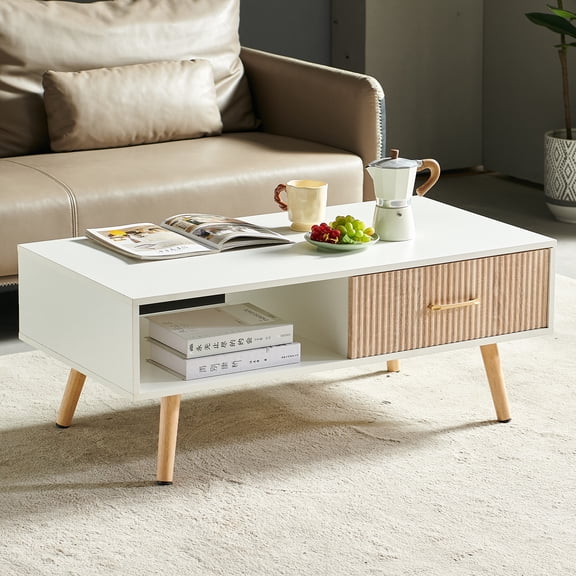Rectangle Coffee Table Solid Wood Legs with Storage, Open Display Area and Storage Drawers with Metal Handles Easy Assembly 16.34""(H) x 40.94""(L) x 21.26""(W)
