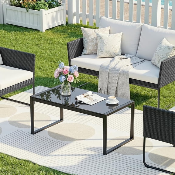 Rectangle Coffee Table with Tempered Glass Desktop, Galvanized Frame Outdoor Coffee Table with Adjustable  for Patio, Balcony, Deck, Living Room, Black