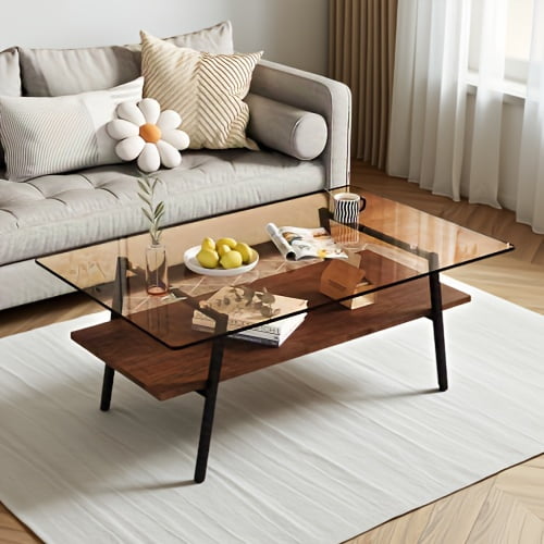 Rectangle Coffee Table, Tempered Glass Tabletop with Black Metal Legs, Modern Table for Living Room , Brown Glass