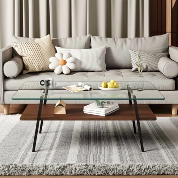 Rectangle Coffee Table, Tempered Glass Tabletop with Black Metal Legs, Modern Table for Living Room , Transparent Glass