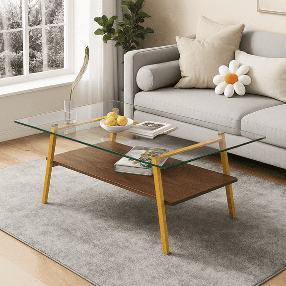 Rectangle Coffee Table, Tempered Glass Tabletop with Gold Metal Legs, Modern Table for Living Room , Transparent Glass