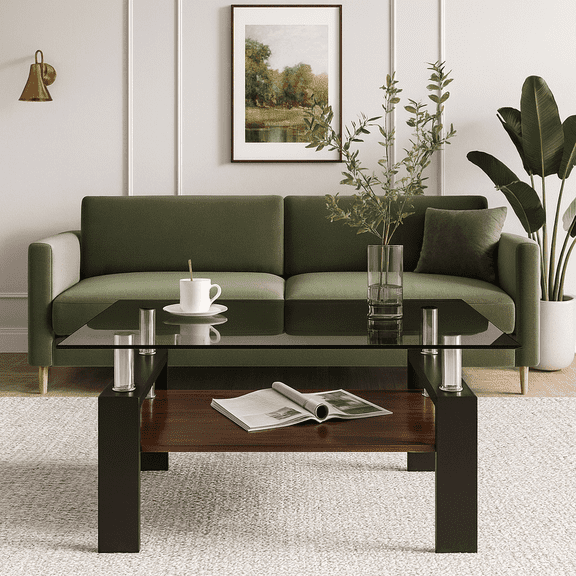 Rectangle Coffee Table, Tempered Glass Tabletop with MDF Layer, Modern Table for Living Room , Gray Glass