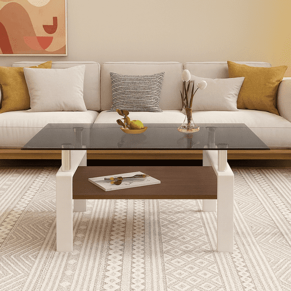 Rectangle Coffee Table, Tempered Glass Tabletop with MDF Layer, Modern Table for Living Room , Gray Glass