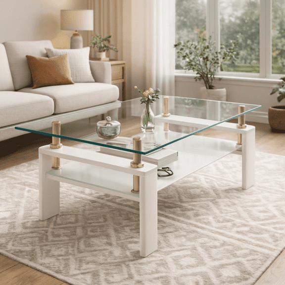 Rectangle Coffee Table, Tempered Glass Tabletop with MDF Layer, Modern Table for Living Room , Transparent Glass