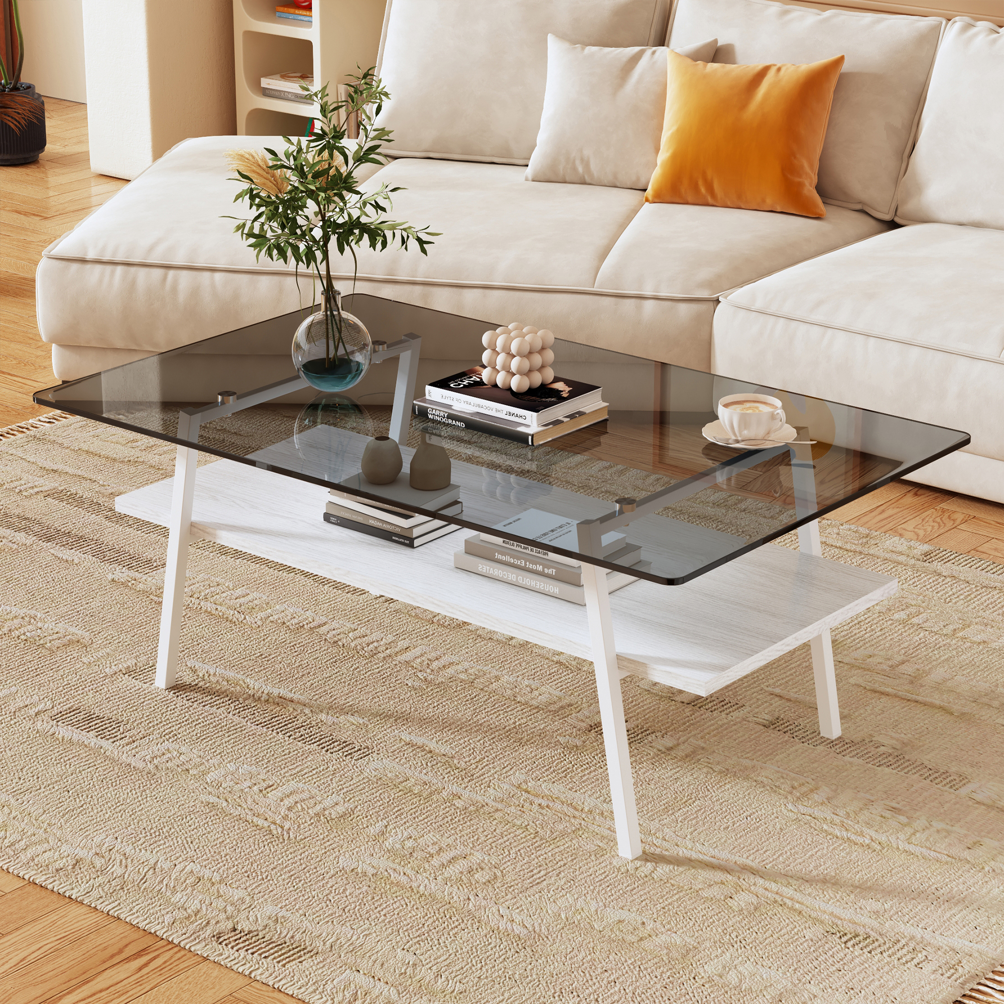 Modern Rectangle Coffee Table with Gray Tempered Glass Top and White ...