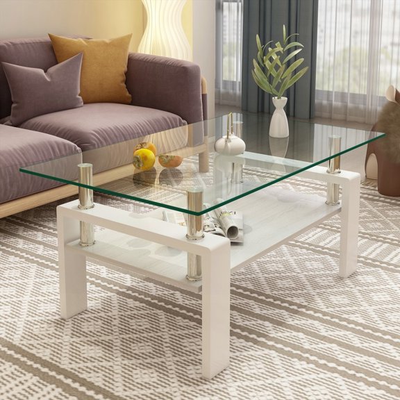 Rectangle Coffee Table for Living Room - Tempered Glass & 220lbs Bearing Capacity