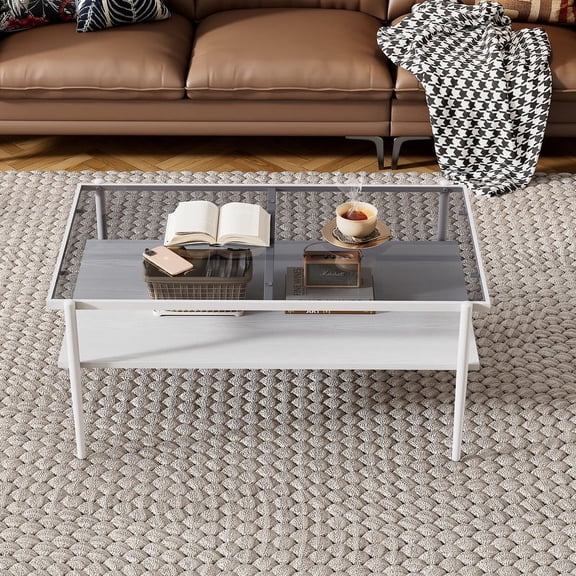 Rectangle Coffee Table with Gray Tempered Glass top and White Legs, Modern Table for Living Room