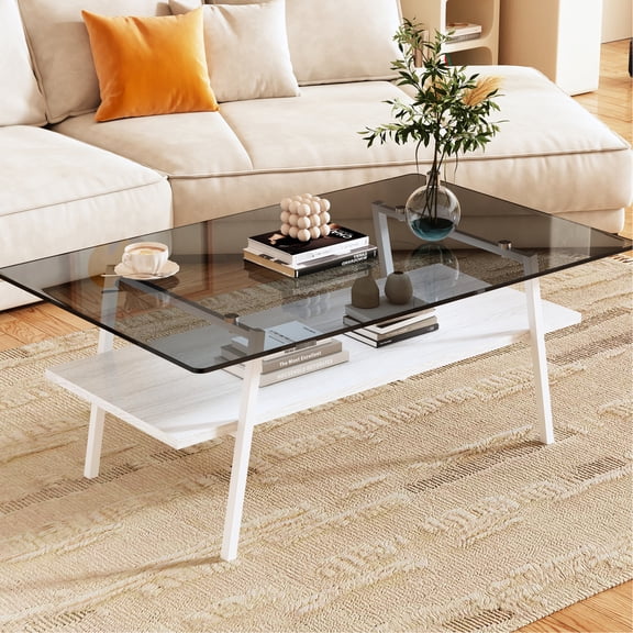 Rectangle Coffee Table with Smooth Glass Surfaces and Metal Legs / Safe and Comfortable for Home