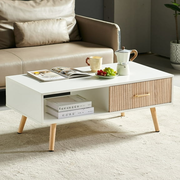 Rectangle Coffee Table with Solid Wood Legs, Sliding Drawer for Storage, Modern Table for Living Room (White+Natural)