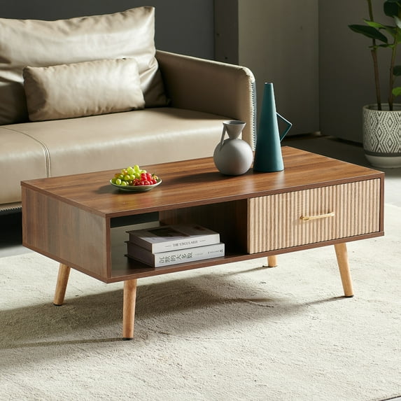 Rectangle Coffee Table with Solid Wood Legs, Sliding Drawer for Storage, Modern Table for Living Room , White
