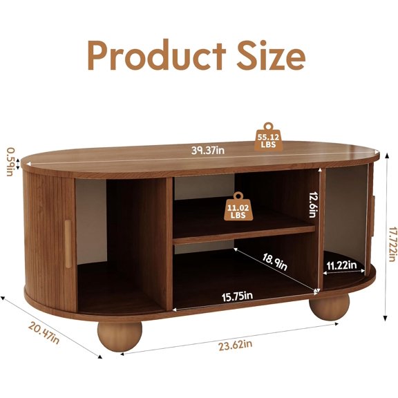 Rectangle Coffee Table with Storage, Fluted Mid- Center Table for Living Room Apartment Home Office, Walnut