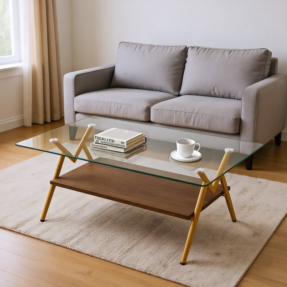Rectangle Coffee Table with Tempered Glass Top, MDF Shelf & Gold Metal Legs, Modern Coffee Table for Living Room