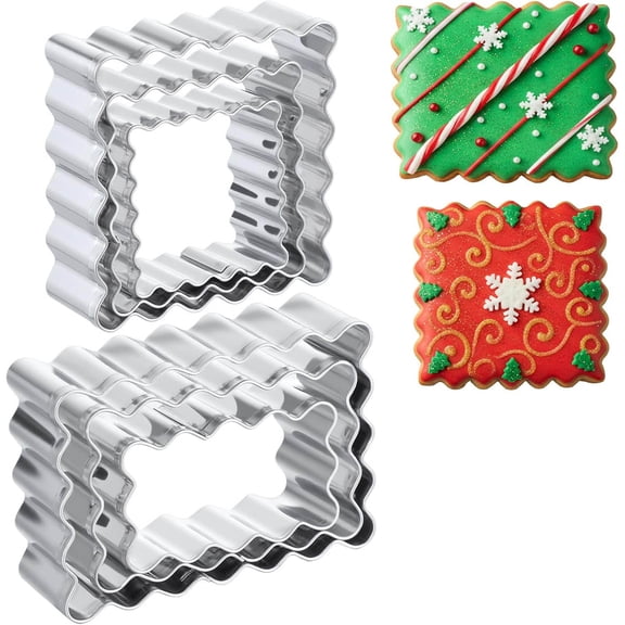 Rectangle Cookie Cutter Set with Scalloped Edge, Stainless Steel Square Cookie Cutter with Fluted Edge, Geometric Frame Plaque Cookies Cutters Shapes Molds