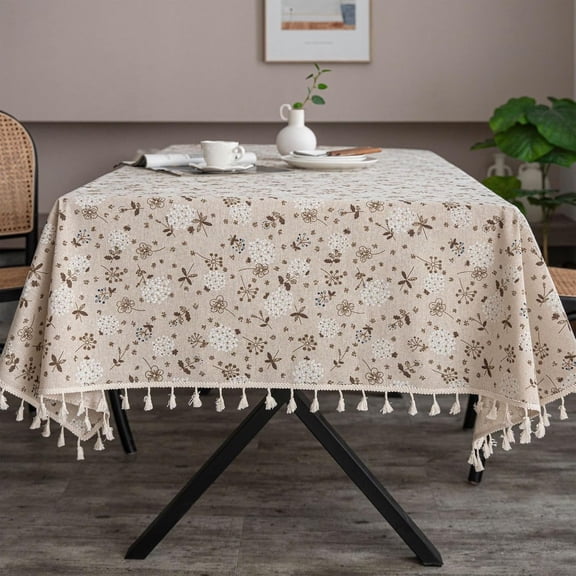 Rectangle Cotton Linen Tablecloth: New Chinese Style Retro Table Cloth with Tassel, Multi Size Wrinkle Free Decorative Tablecloth, Rustic Farmhouse Kitchen Table Cover (C, 55''×79'')