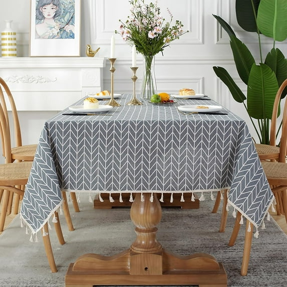 Rectangle Cotton Linen Tablecloth: New Chinese Style Retro Table Cloth with Tassel, Multi Size Wrinkle Free Decorative Tablecloth, Rustic Farmhouse Kitchen Table Cover (D, 55''×79'')