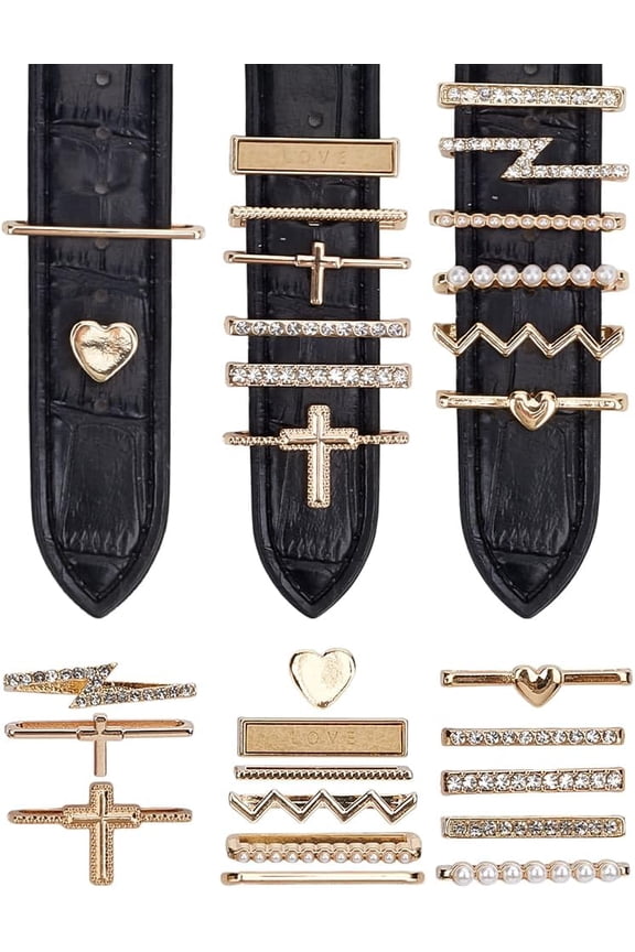 Rectangle & Cross Zinc Alloy Watch Band Charms for Watch Loops Accesssories with Rhinestone Golden 1.5~3x7.5~25x8.5~25.5x5~8mm 14pcs/set