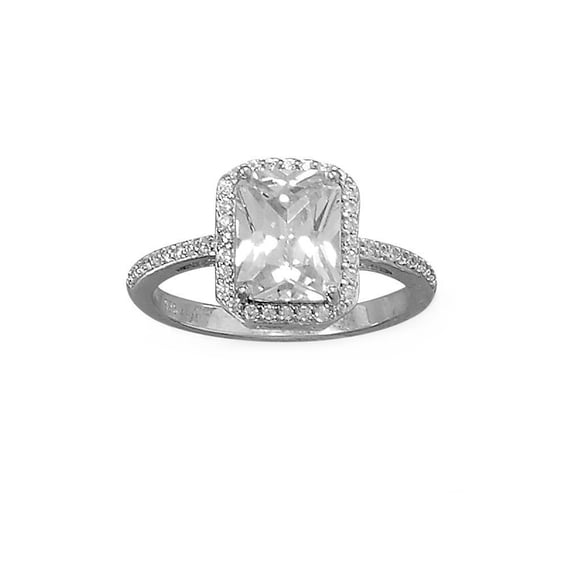 Rectangle Cushion Shape Halo Ring Cubic Zirconia Band Rhodium on Sterling Silver