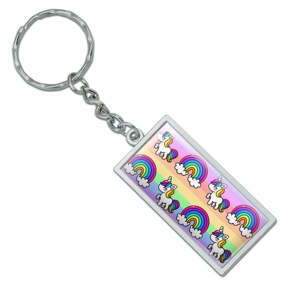 Rectangle Cute Kawaii Rainbow Unicorn Pattern Keychain in Chrome Plated Metal
